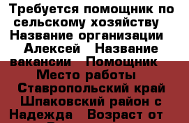 Требуется помощник по сельскому хозяйству › Название организации ­ Алексей › Название вакансии ­ Помощник  › Место работы ­ Ставропольский край Шпаковский район с Надежда › Возраст от ­ 35 › Возраст до ­ 50 - Ставропольский край Работа » Вакансии   . Ставропольский край